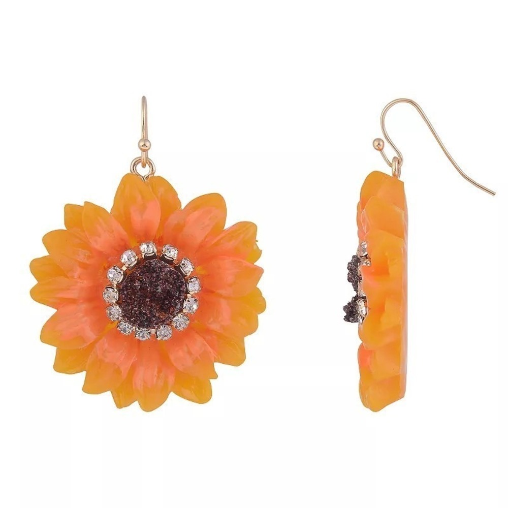 Fall Sunflower Drop Earrings Yellow Orange Glitter Crystal Halo Gold Tone NWT